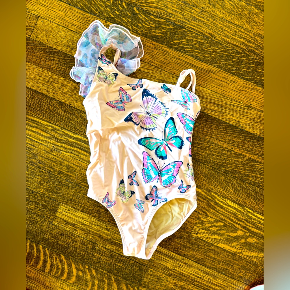 Pink Butterfly Ruffle Girls One Piece Swim Suit.